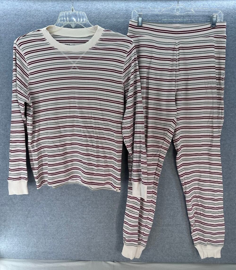 Pact Womens M Striped Red White Green Organic Cotton LS/Pant Jogger Pajama Set